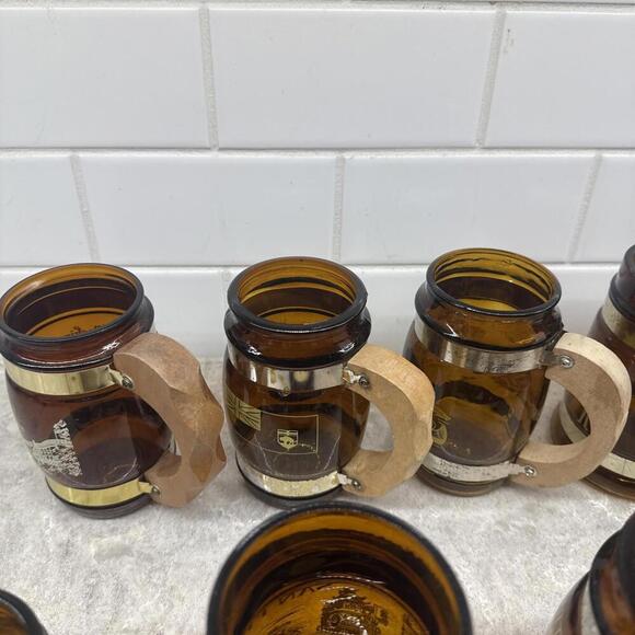 Lot of 9 Vintage Siesta Ware Souvenier Brown Barrel Glass Mugs w Wood Handles - Picture 8 of 13